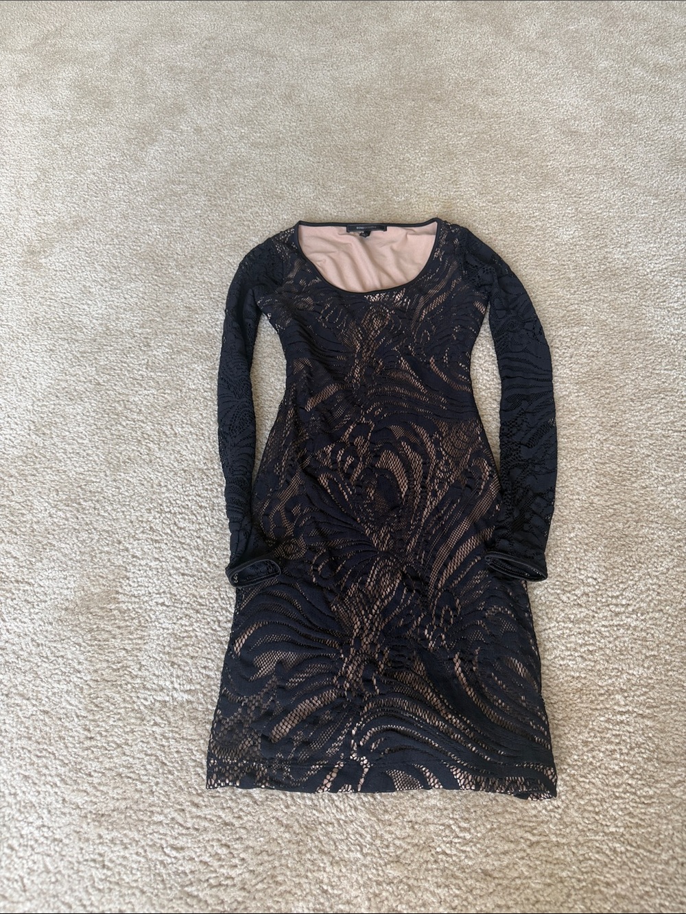 BCBGMaxAzria Black Lace Long-Sleeve Dress with Nude Lining